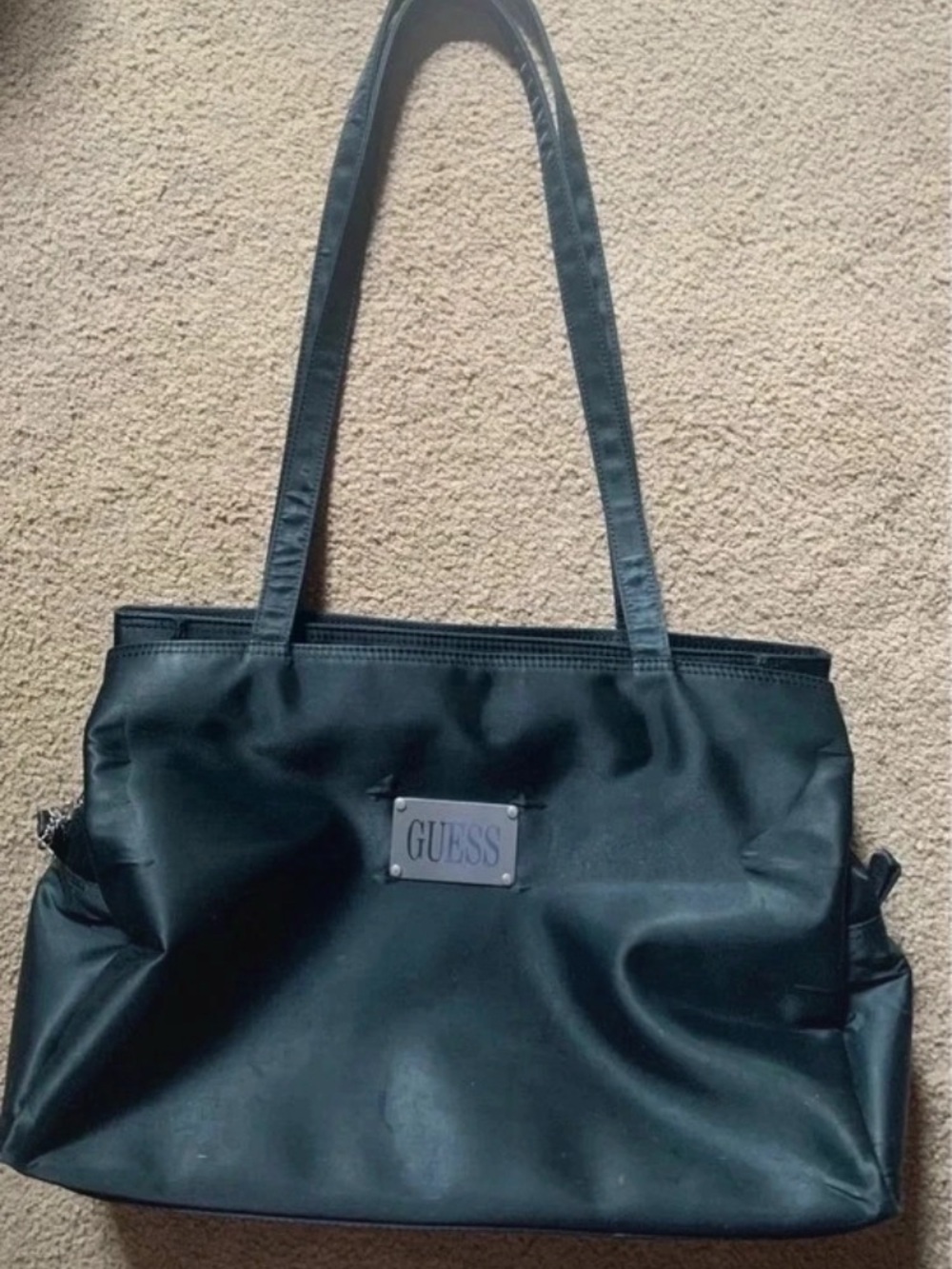 GUESS Black Nylon Shoulder Tote with Logo Plaque